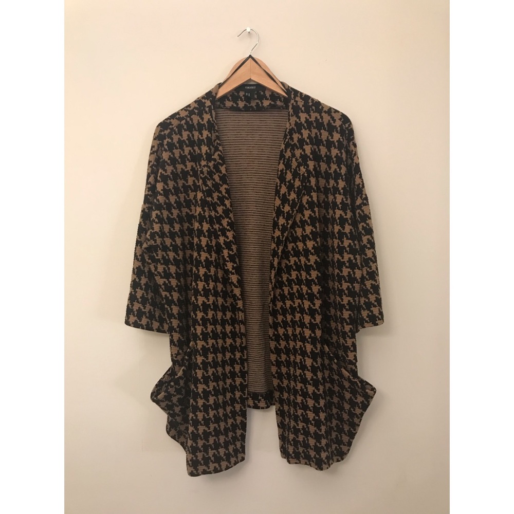 Tan&Black Houndstooth 3/4 Sleeve Jacket w/ Pockets